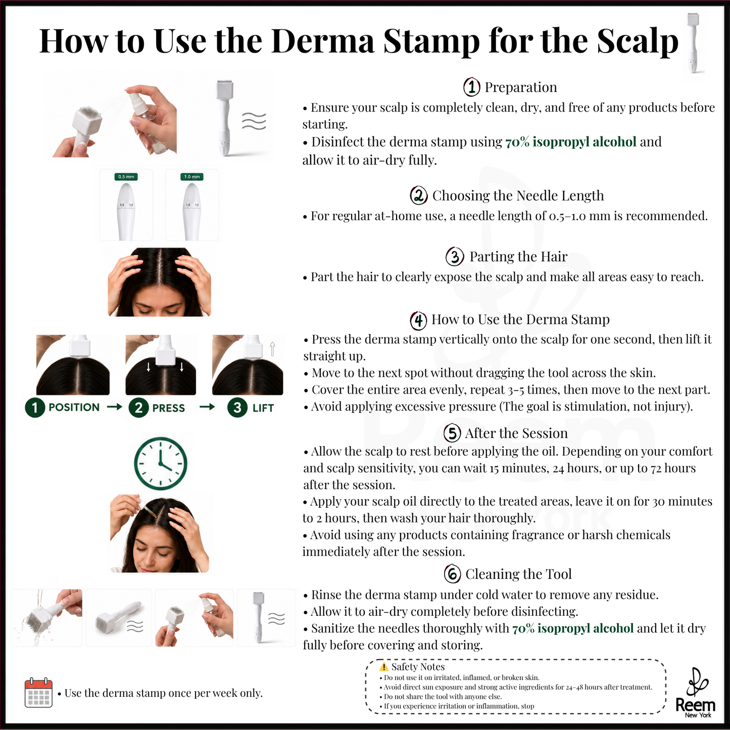 Instructions on how to use the derma stamp for the scalp with step-by-step illustrations and text.