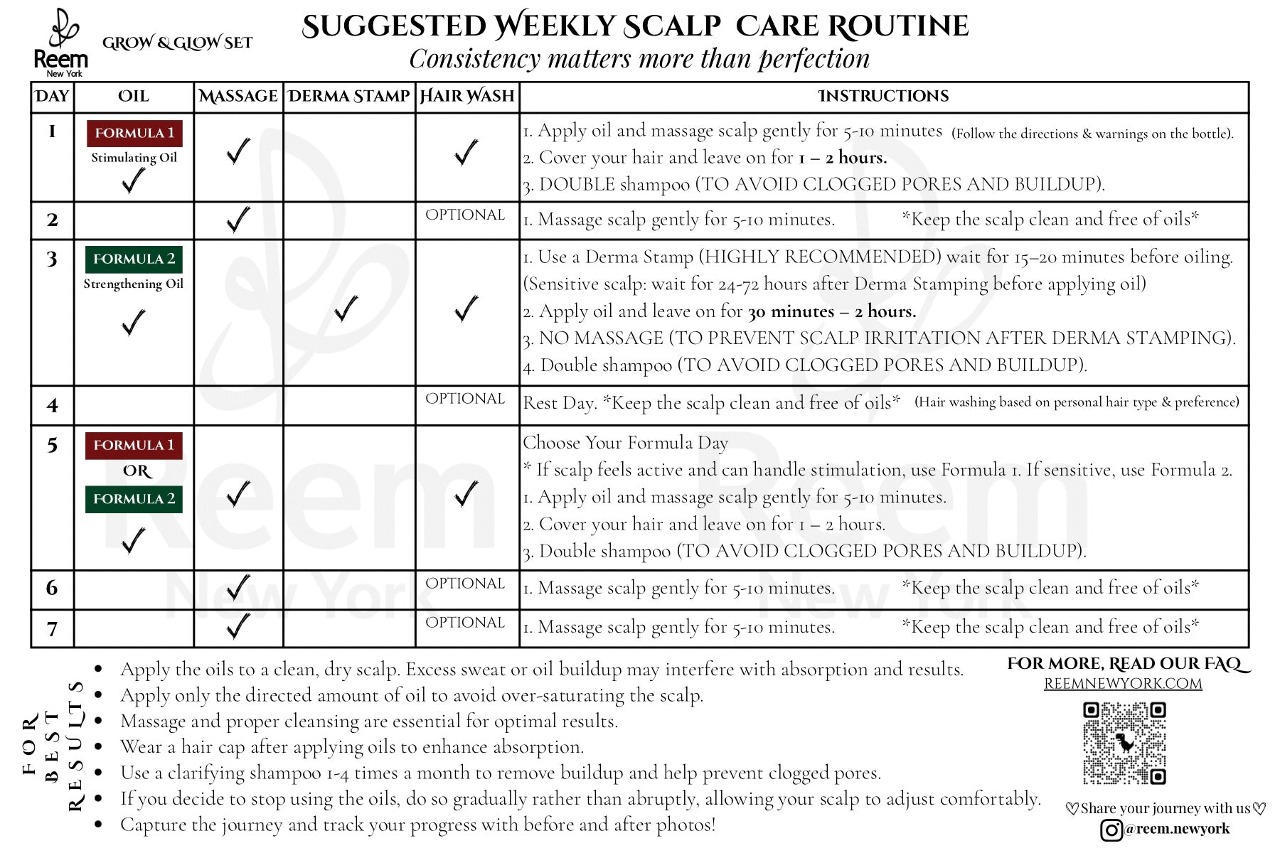 Suggested weekly scalp care routine chart for the Reem New York Grow & Glow Set. 7-day schedule with oil formulas, massage, derma stamp, and hair wash instructions